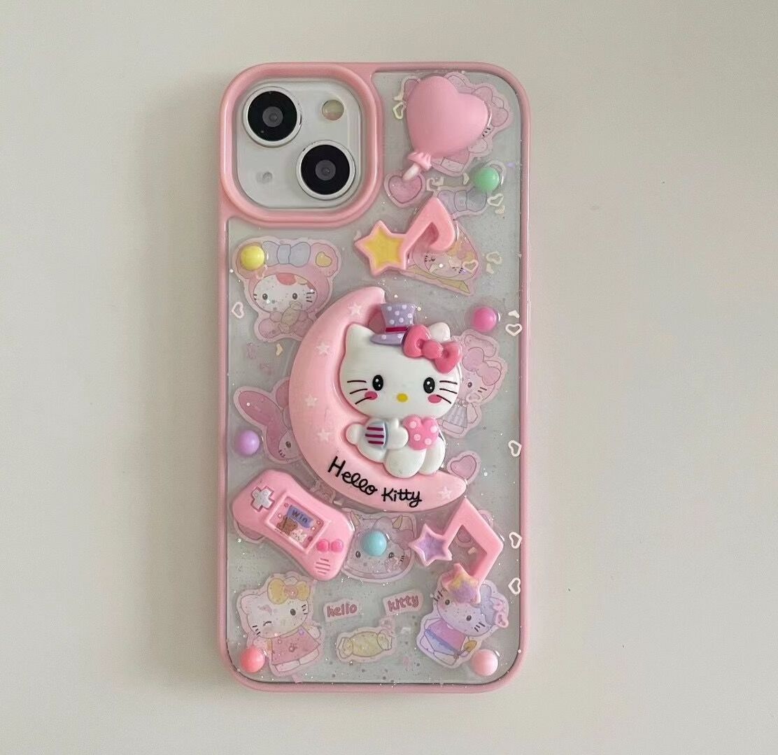 Japan South Korea ins girly heart 3d kt cat for iphone 13 phone case  hard shell  niche 14 pro creative anti-drop phone case