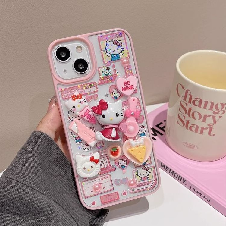 Japan South Korea ins girly heart 3d kt cat for iphone 13 phone case  hard shell  niche 14 pro creative anti-drop phone case