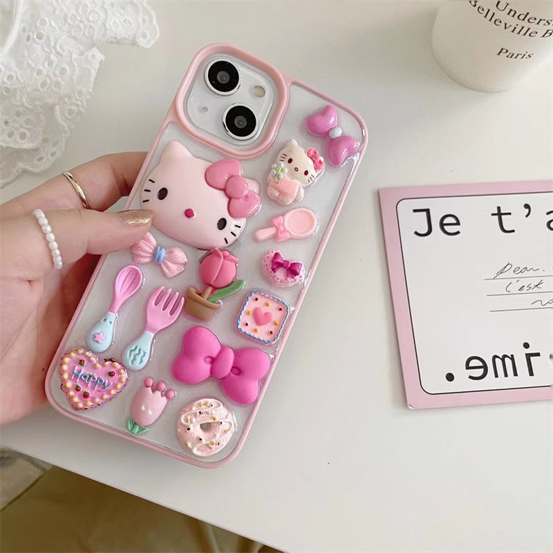 Ins Style Pink Border Cartoon 3d Hello Kitty Phone Case Suitable For Iphone15 Pro Max Mobile Phone Case Tpu Back Cover