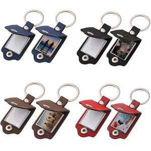 Blank sublimation leather case photo frame keychain, laser multi-functional DIY leather metal keychain photo pendant