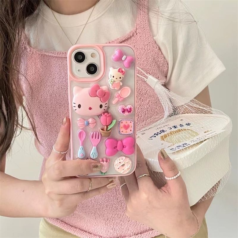 Ins Style Pink Border Cartoon 3d Hello Kitty Phone Case Suitable For Iphone15 Pro Max Mobile Phone Case Tpu Back Cover