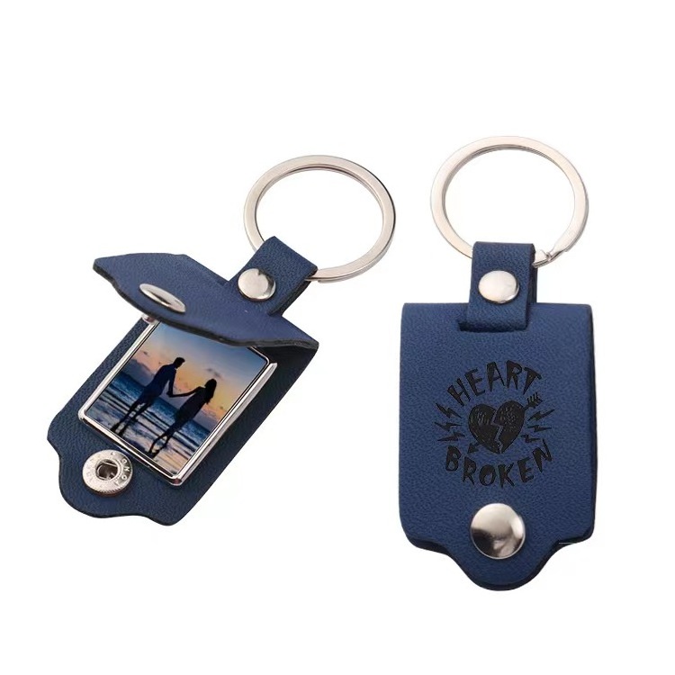 Blank sublimation leather case photo frame keychain, laser multi-functional DIY leather metal keychain photo pendant