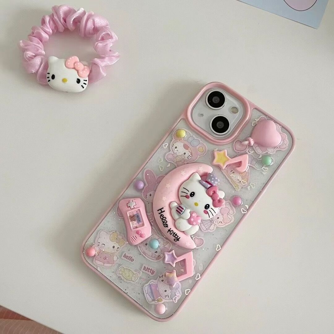 Ins Style Pink Border Cartoon 3d Hello Kitty Phone Case Suitable For Iphone15 Pro Max Mobile Phone Case Tpu Back Cover