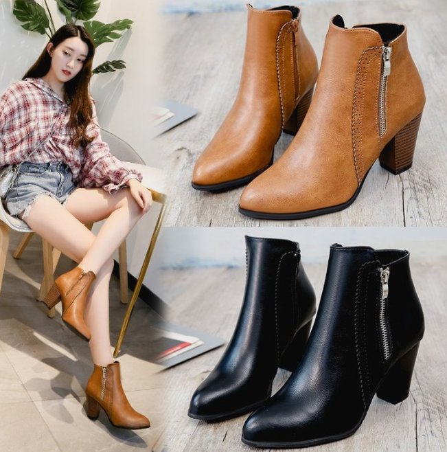 cy10190a 2021 Women Girls High Heel Pu Work Ladies Casual Ankle Leather Boots