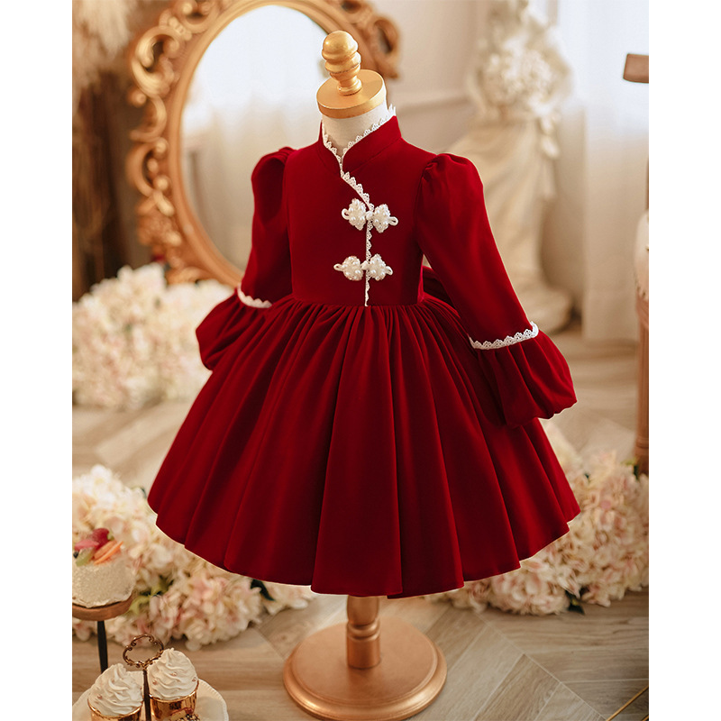 2023 Factory Customized High Quality Specially Designed Red Satin White Pearl Birthday Party Princess Dress