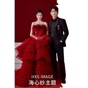 Long Wedding Party Dress Bridal Red Dress Tulle Ball Gown Sweetheart Beads Custom Ruffles Vestidos de Prom Gowns for Women