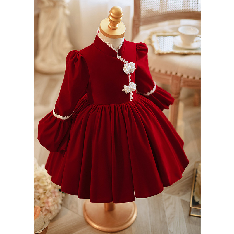 2023 Factory Customized High Quality Specially Designed Red Satin White Pearl Birthday Party Princess Dress