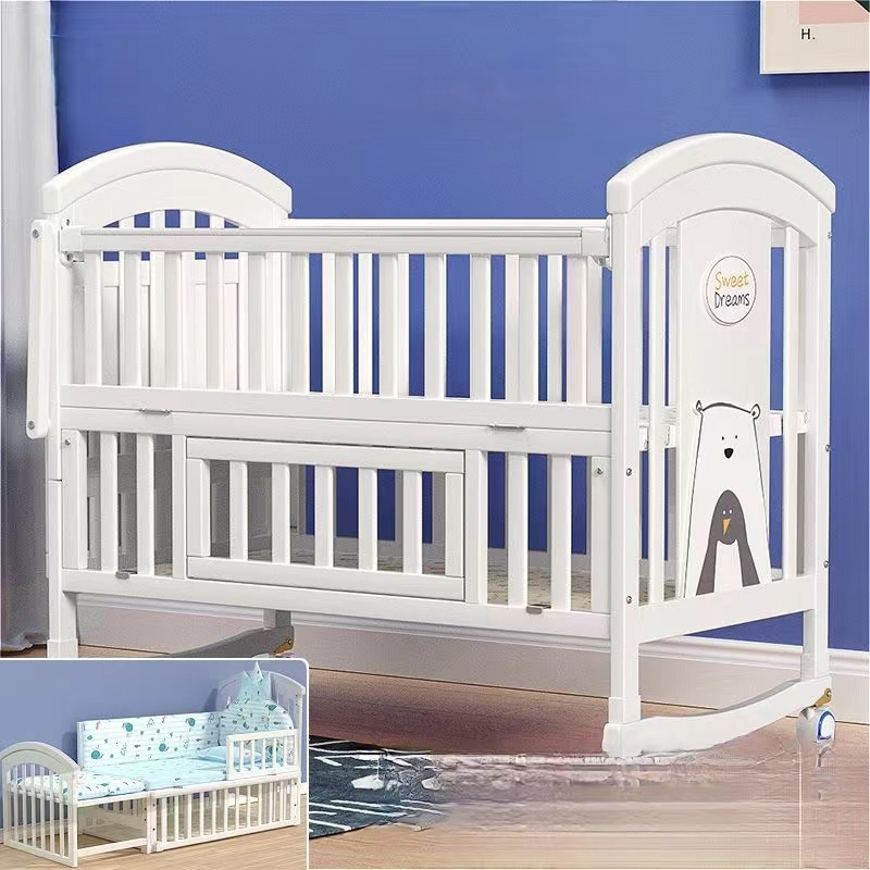 White Color Drop Side Wooden Baby Swing Bed Baby Cradle