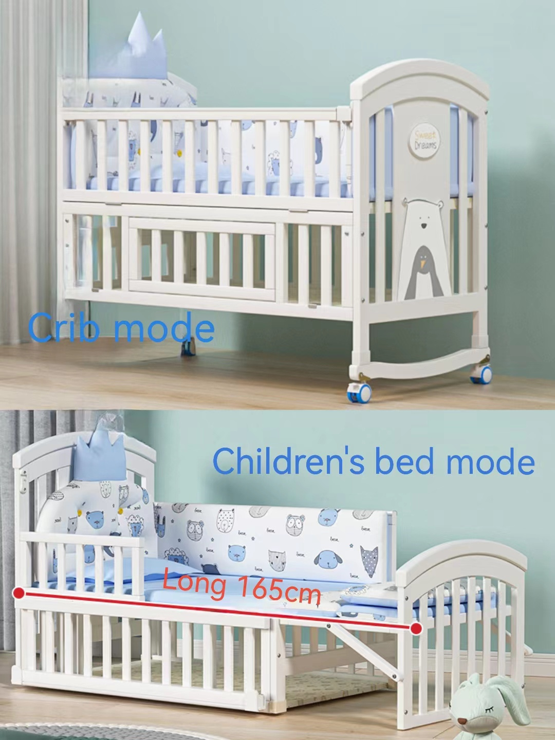 White Color Drop Side Wooden Baby Swing Bed Baby Cradle