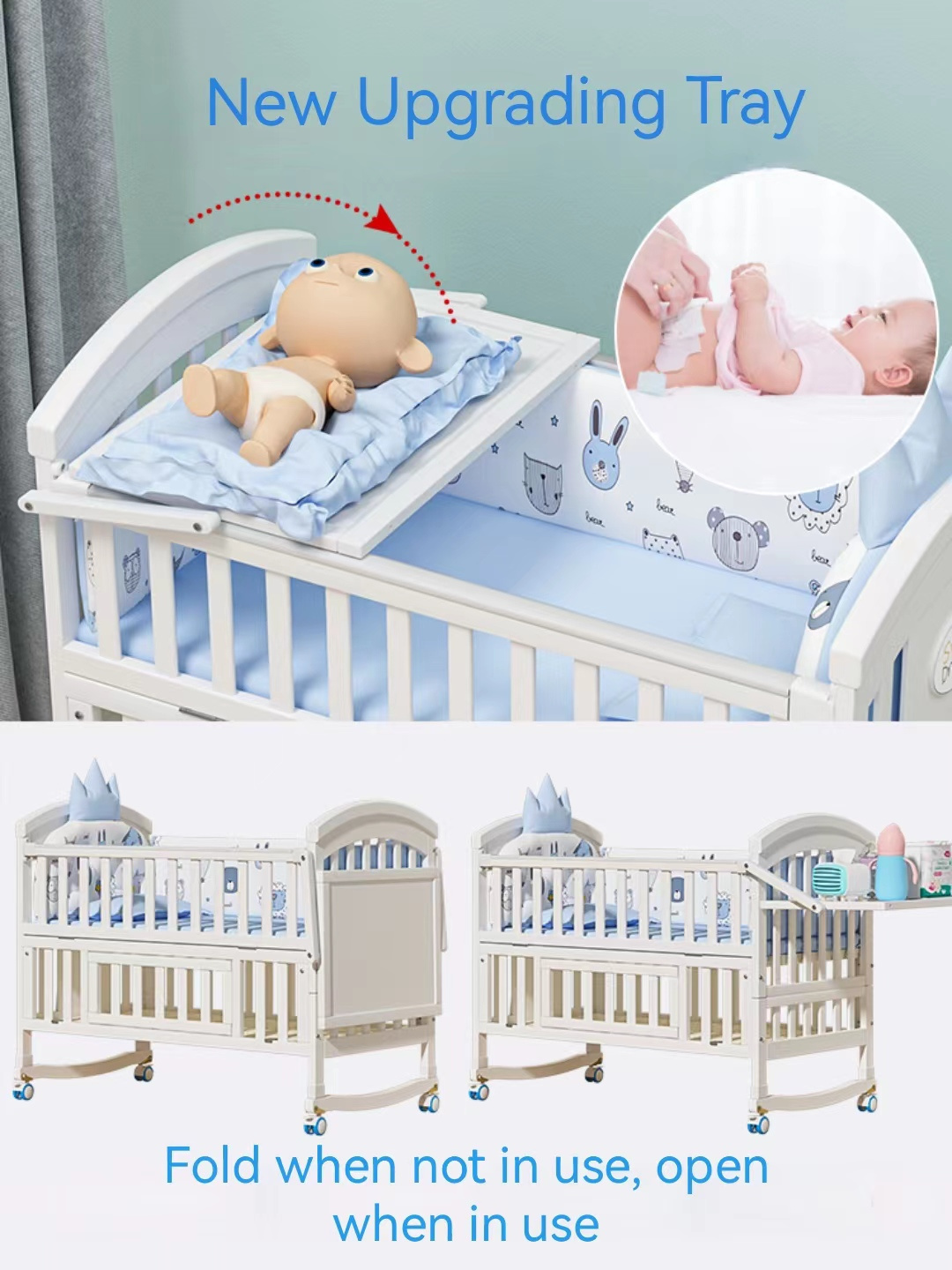 European crib White Color Drop Side Wooden Baby Swing Bed Baby Cradle