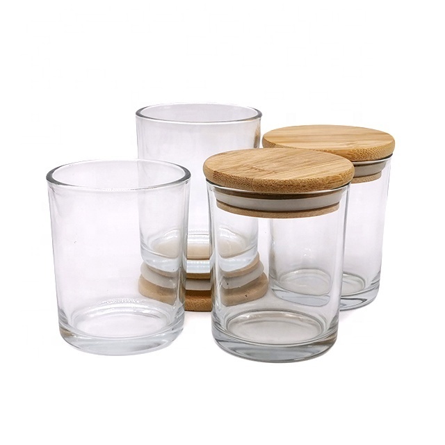 LKA03T 200ml Eco-Friendly Pillar shape transparent clear glass candle tumbler with bamboo lid for making scented candles