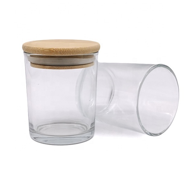 LKA03T 200ml Eco-Friendly Pillar shape transparent clear glass candle tumbler with bamboo lid for making scented candles