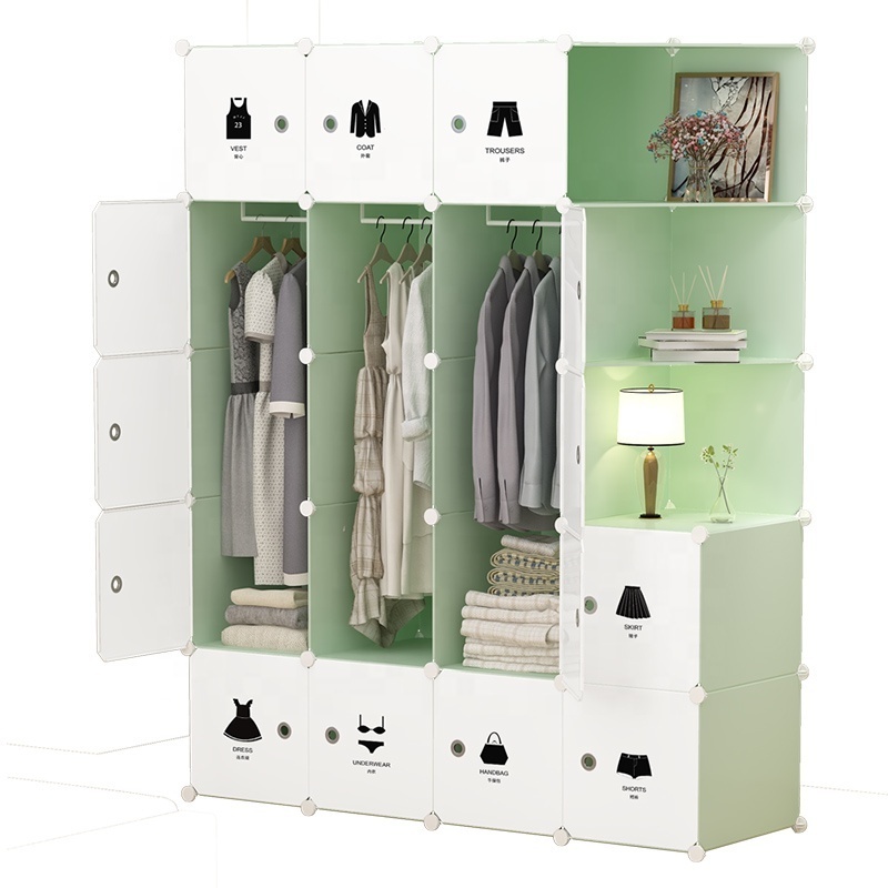 Green-White Storage Bedroom Furniture Wardrobe Closet Indoor For Home Modern Style Plastic Portable Wardrobes