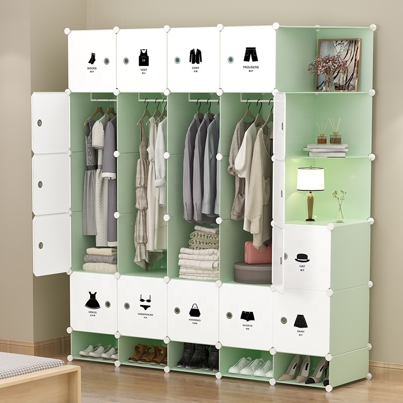 Green-White Storage Bedroom Furniture Wardrobe Closet Indoor For Home Modern Style Plastic Portable Wardrobes