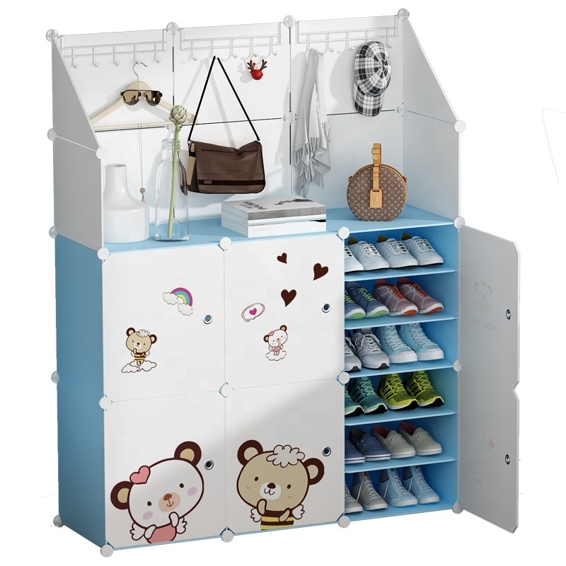 Blue &pink shoes cabinet modern best 6 cubes 18 layers shoe cabinet with coat rack