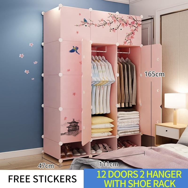 Cheap Plastic Storage Closet Cabinet Stand Sheet Portable Plate Furniture 12 Cubes Pink Wardrobe