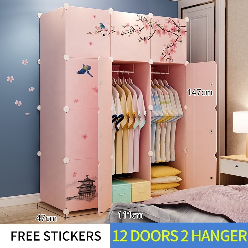 Cheap Plastic Storage Closet Cabinet Stand Sheet Portable Plate Furniture 12 Cubes Pink Wardrobe