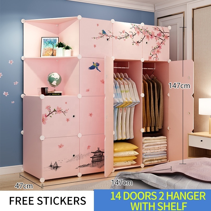 Good Price PP Plastic 12 Cubes Portable Closet With Shelf  Folding Plastic-Wardrobe Pink Wardrobe