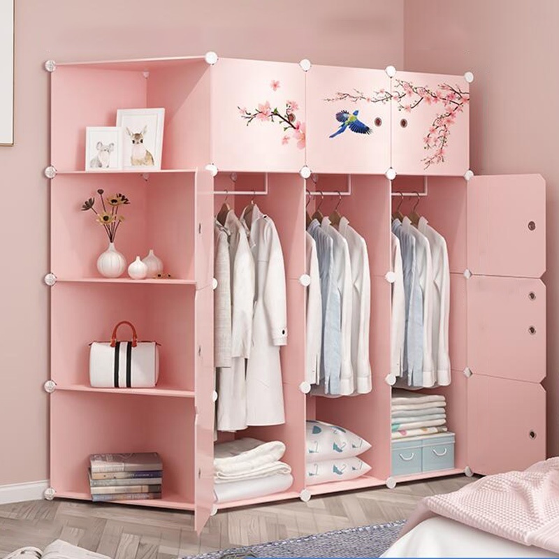 Good Price PP Plastic 12 Cubes Portable Closet With Shelf  Folding Plastic-Wardrobe Pink Wardrobe