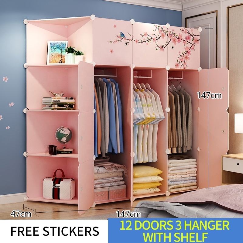 Good Price PP Plastic 12 Cubes Portable Closet With Shelf  Folding Plastic-Wardrobe Pink Wardrobe