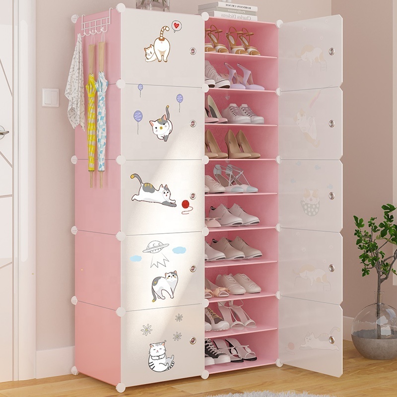 Cheap shoes display rack have free stickers cube box closet cabinet pink color space saving shoe racks with white door