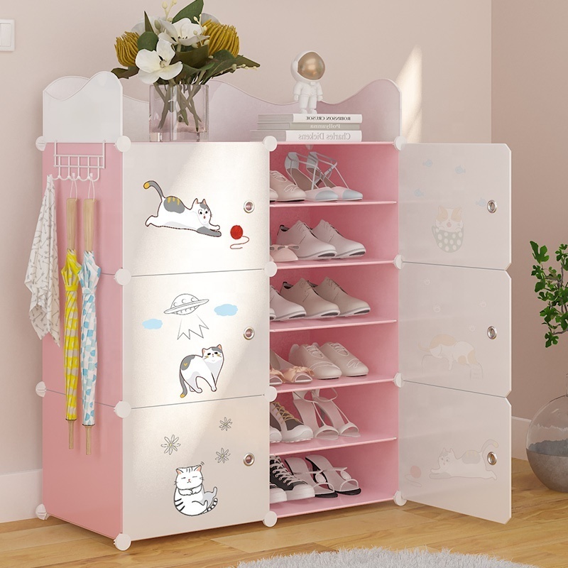 Cheap shoes display rack have free stickers cube box closet cabinet pink color space saving shoe racks with white door