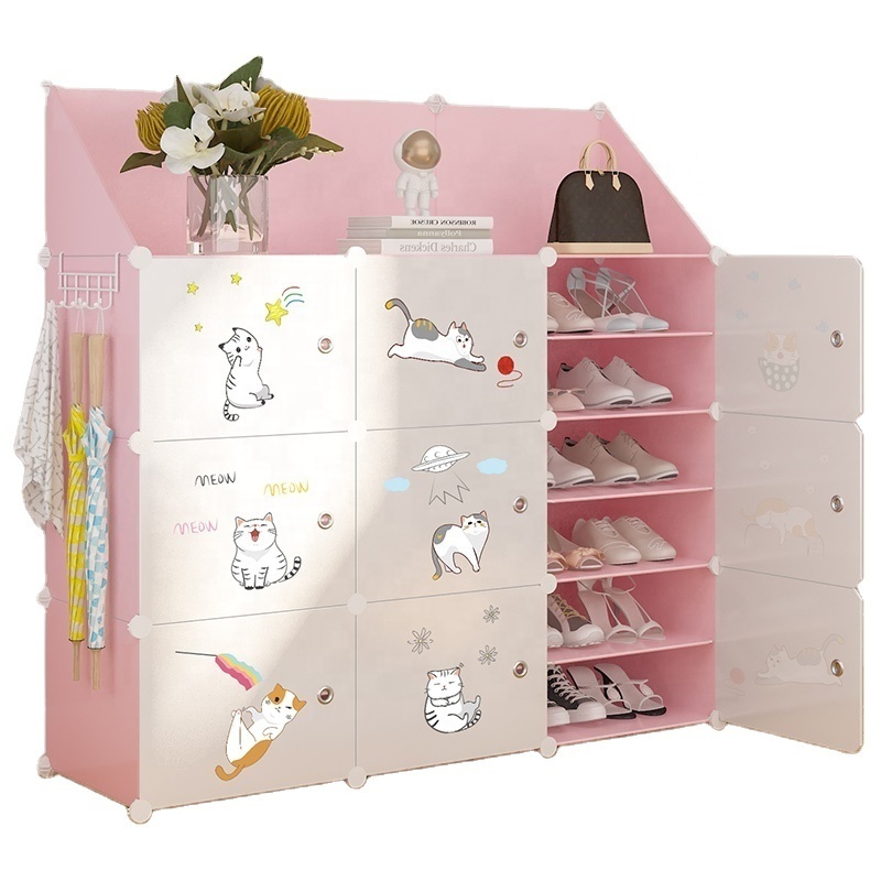 Cheap shoes display rack have free stickers cube box closet cabinet pink color space saving shoe racks with white door