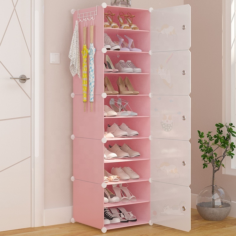 Cheap shoes display rack have free stickers cube box closet cabinet pink color space saving shoe racks with white door