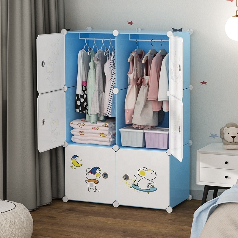 Children modern bedroom wardrobes baby clothes storage cabinet blue with white door portable kid plastic wardrobe