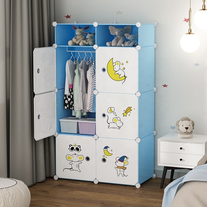 Children modern bedroom wardrobes baby clothes storage cabinet blue with white door portable kid plastic wardrobe