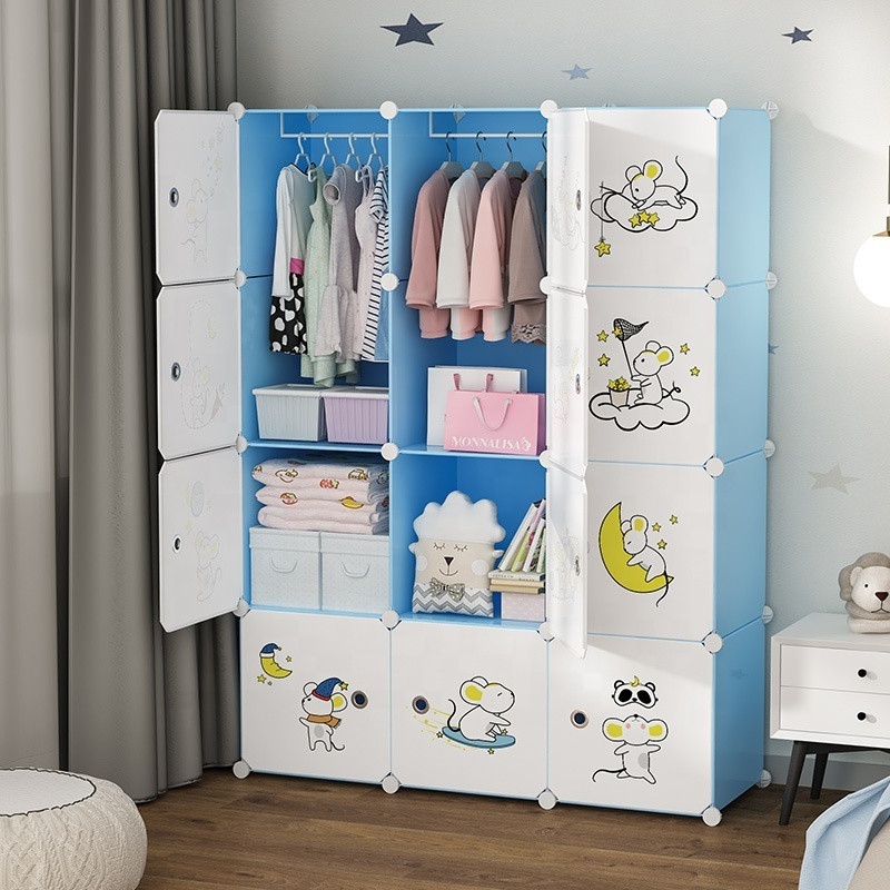 Children modern bedroom wardrobes baby clothes storage cabinet blue with white door portable kid plastic wardrobe