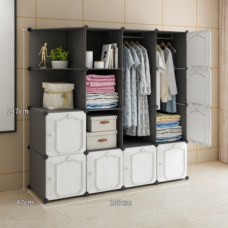 20 Cubes Folding PP Plastic Wardrobe Living Room Bedroom Plastic Wardrobe Cabinet with 4 Clothes Hanger With Thickened Door