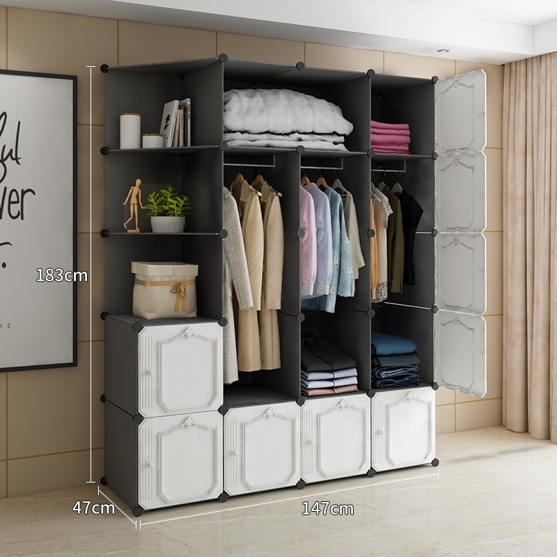 20 Cubes Folding PP Plastic Wardrobe Living Room Bedroom Plastic Wardrobe Cabinet with 4 Clothes Hanger With Thickened Door