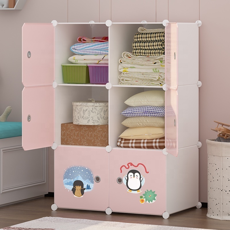 Cheap 6 doors wardrobe for children small cute wardrobe designs baby plastic storage cabinet kids armoire with stickers