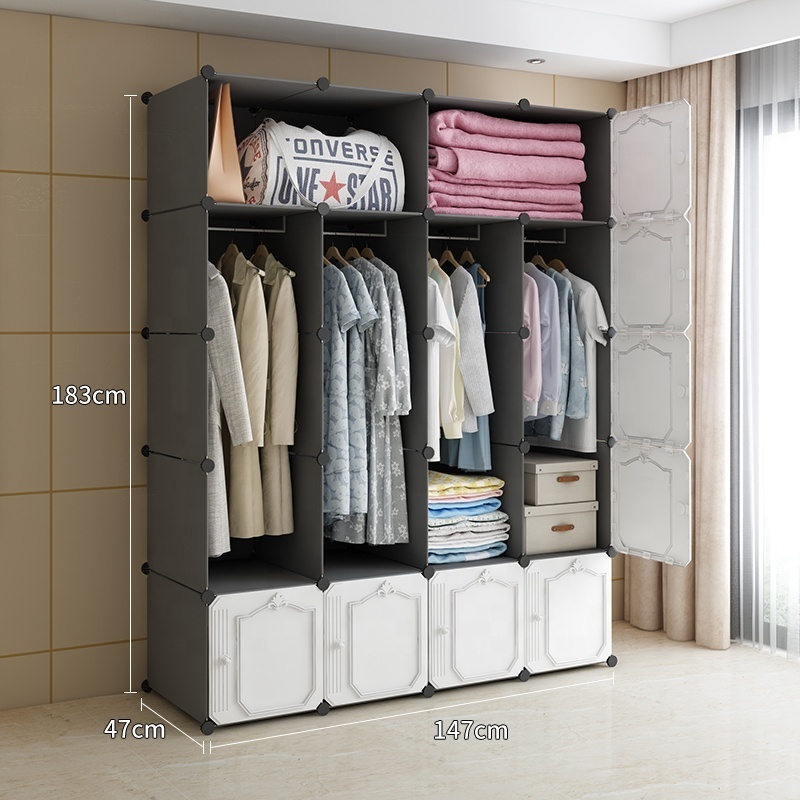 20 Cubes Folding PP Plastic Wardrobe Living Room Bedroom Plastic Wardrobe Cabinet with 4 Clothes Hanger With Thickened Door