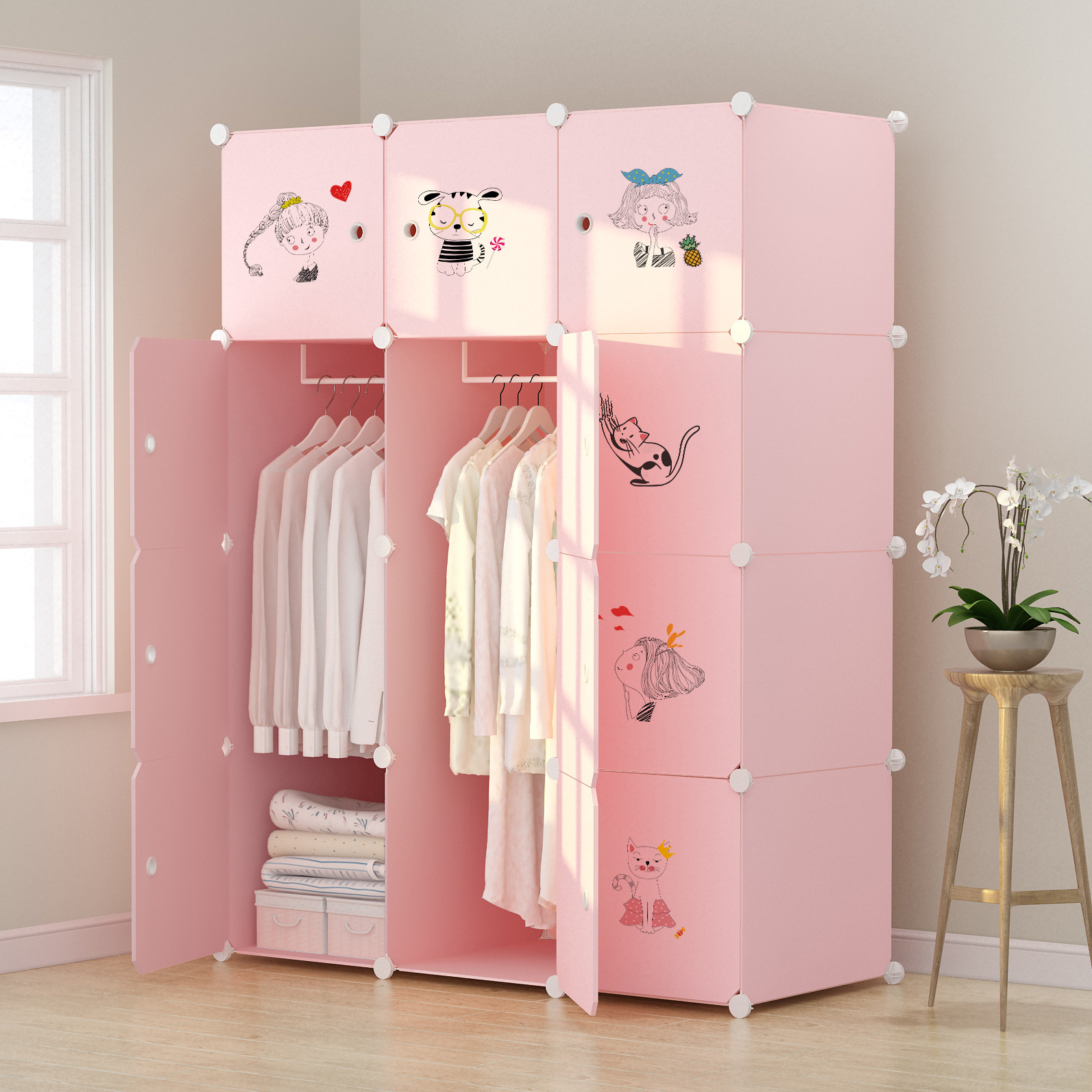 Pink Plastic Wardrobe Storage Box Cube Wardrobe Kids Assemble Plastic Portable Wardrobe Closet Organizer