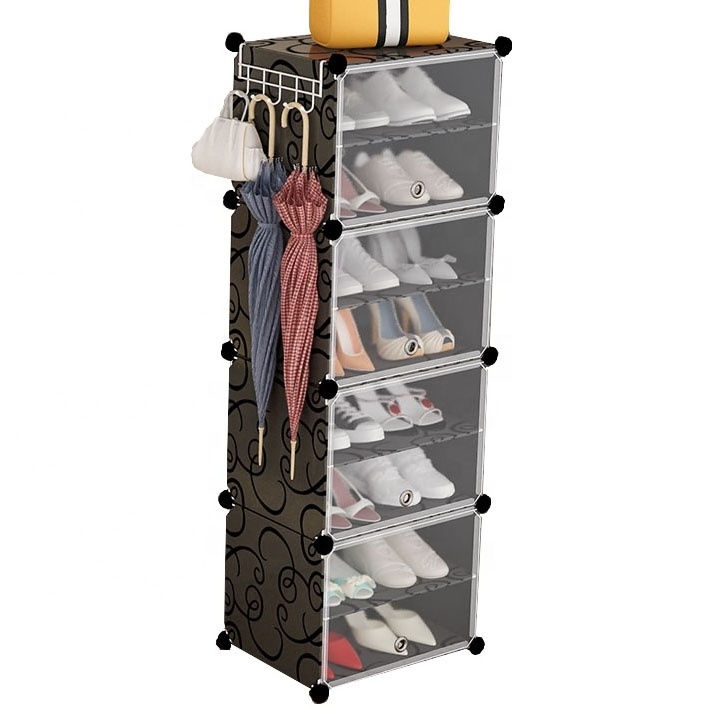 High quality adjustable pp plastic shoe cabinet 8 layers plastic shoe rack organizer black with white frosted door