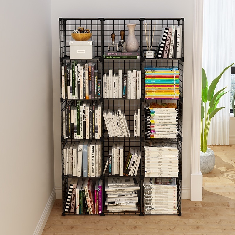 Factory Price Bookshelf Design Wire Grid Display Storage Cabinet Stands Metal Cube Bookcase Steel Book Shelf