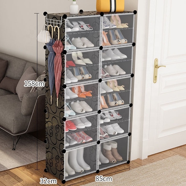 High quality adjustable pp plastic shoe cabinet 8 layers plastic shoe rack organizer black with white frosted door