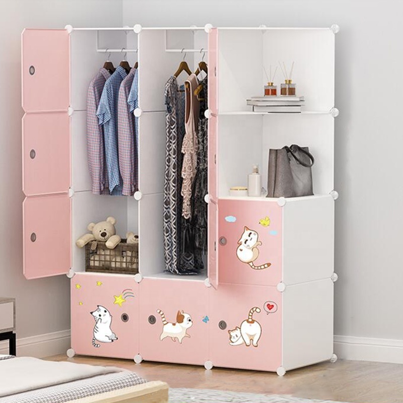 Top Fashion White-Pink Color Plastic Clothes Closet Foldable Storage Cabinet Hanging Box Moving Plastic Portable Wardrobe