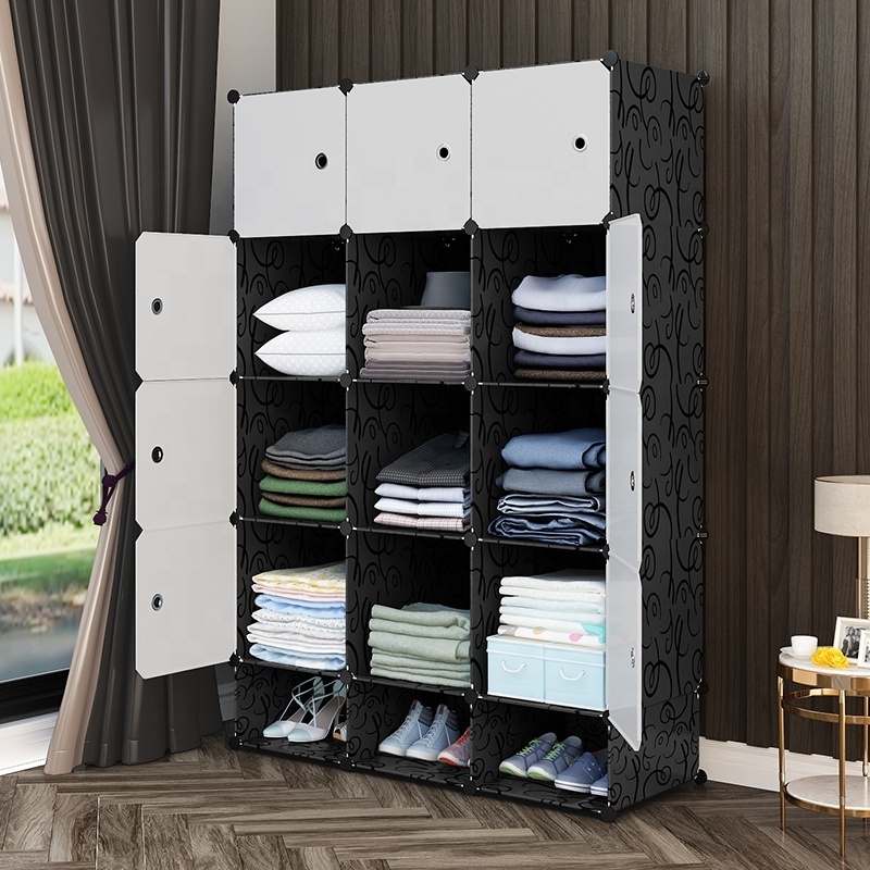 12 Cubes Multi-use Clothes Shoes Storage Cabinet Bedroom Armoire Portable Closet Modular Wardrobe Plastic Bedroom Furniture