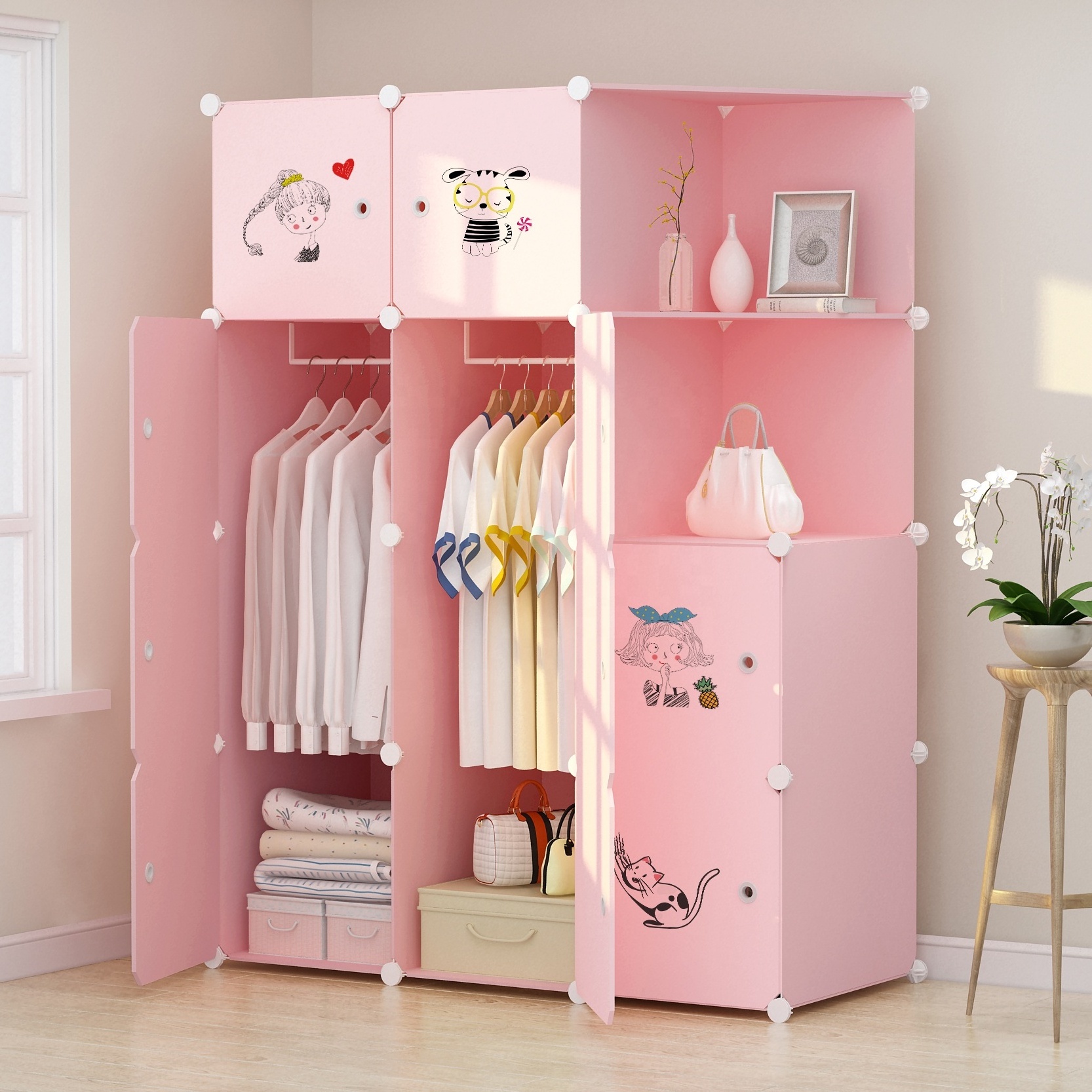 Pink Plastic Wardrobe Storage Box Cube Wardrobe Kids Assemble Plastic Portable Wardrobe Closet Organizer