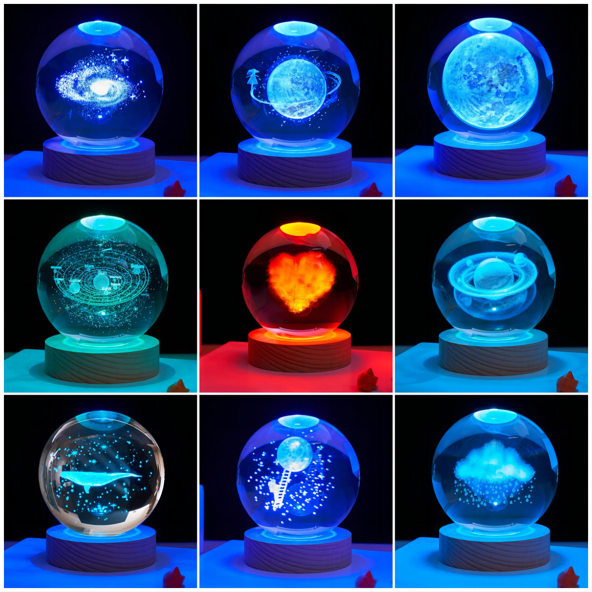 Galaxy 6cm Colorful light Crystal Ball 3D Illusion Lamp wood led base lamp Base  nightlight for Birthday Gifts 3d night light