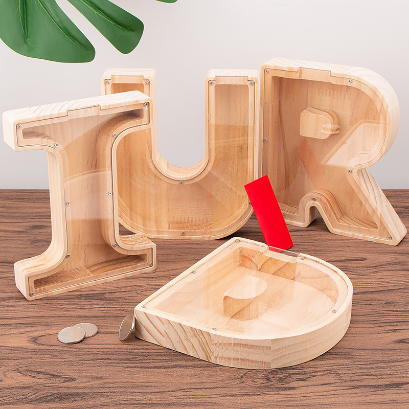 Wooden Letter Piggy Bank for Kids Boys Girls Large 26 Alphabet Money Bank Personalized Custom Name Transparent Saving Coin Bank