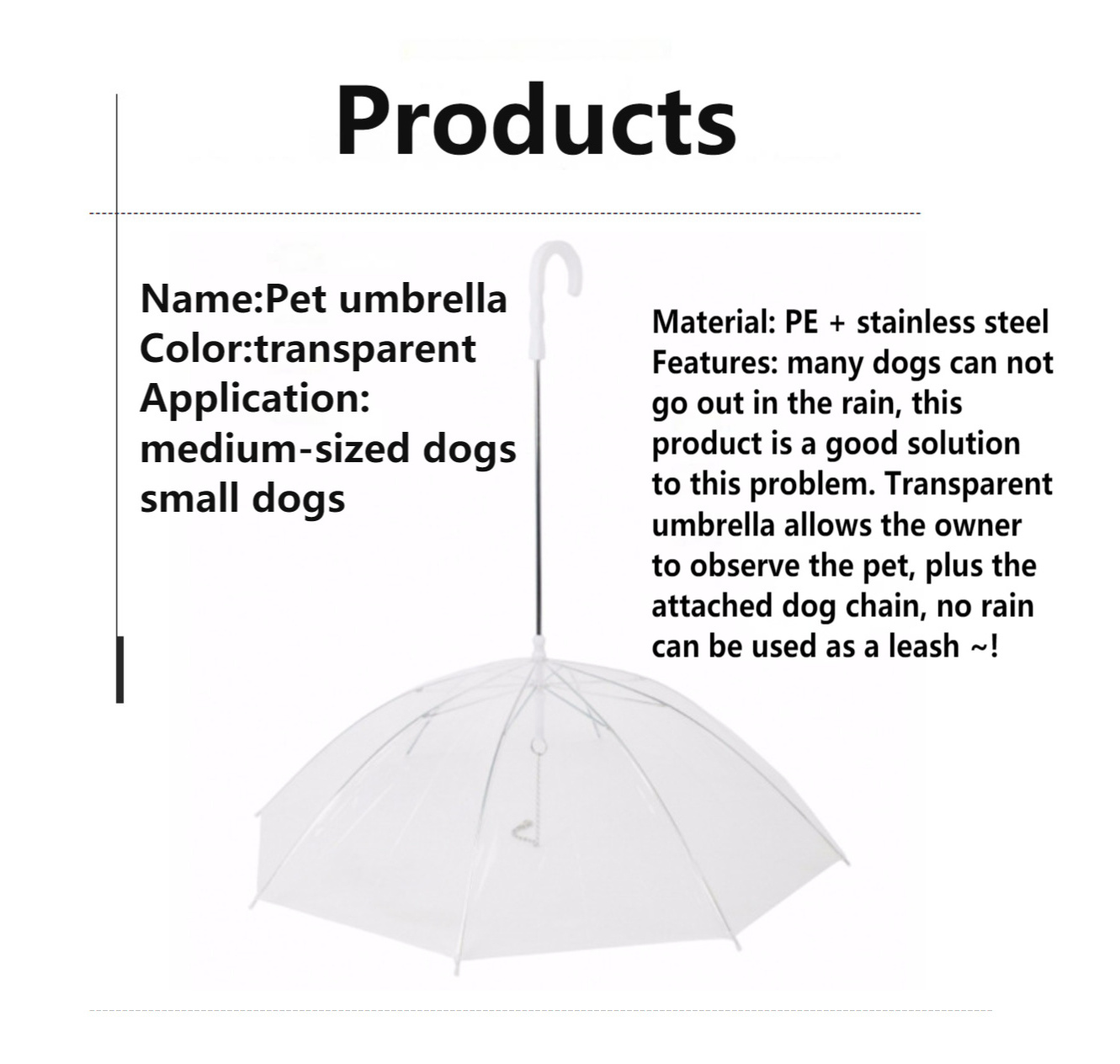 Dog Outdoor Pet Umbrellas with Chain Transparent PE Built-in Walk Leash for Puppy Rain Snow Cat Doggy Waterproof Pet Supplies