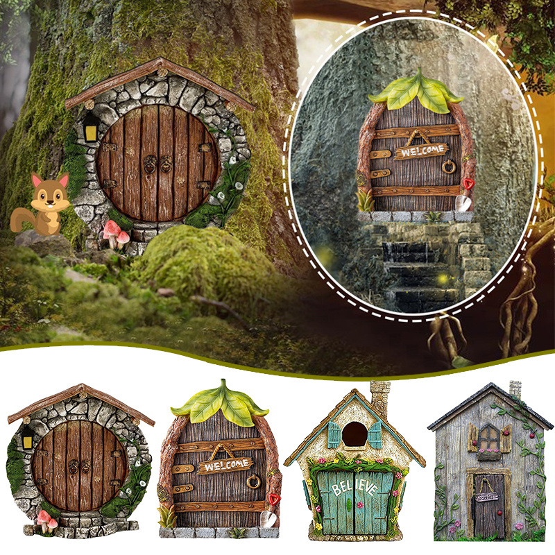 Miniature Fairy Gnome Door Figurines Elf Home Wooden Fairy Garden Window Door Art Tree Sculpture Statues Ornament Outdoor Decor