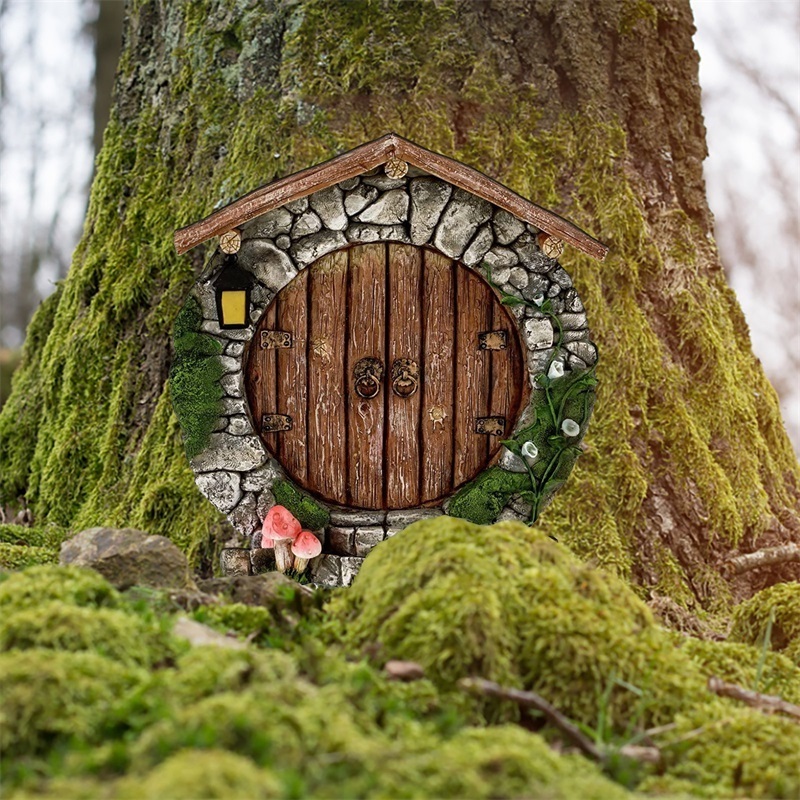 Miniature Fairy Gnome Door Figurines Elf Home Wooden Fairy Garden Window Door Art Tree Sculpture Statues Ornament Outdoor Decor