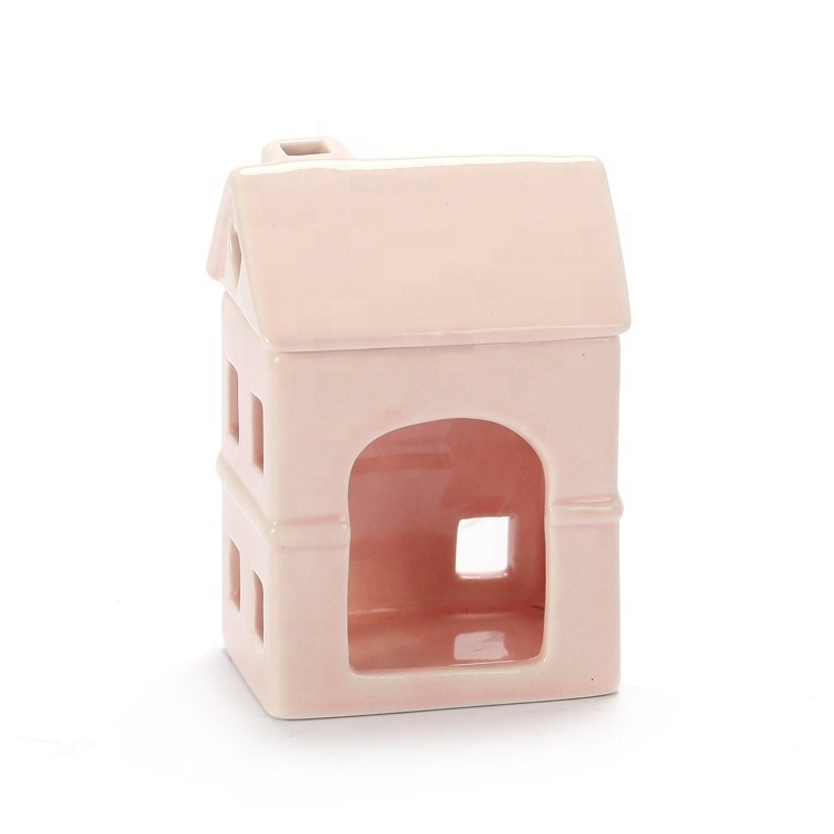 Customized Ceramic Pink House Shape Tealight Candle Holder Wax Melter Oil Burner for Essential Oil