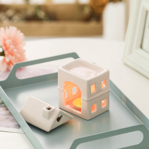 Customized Ceramic Pink House Shape Tealight Candle Holder Wax Melter Oil Burner for Essential Oil