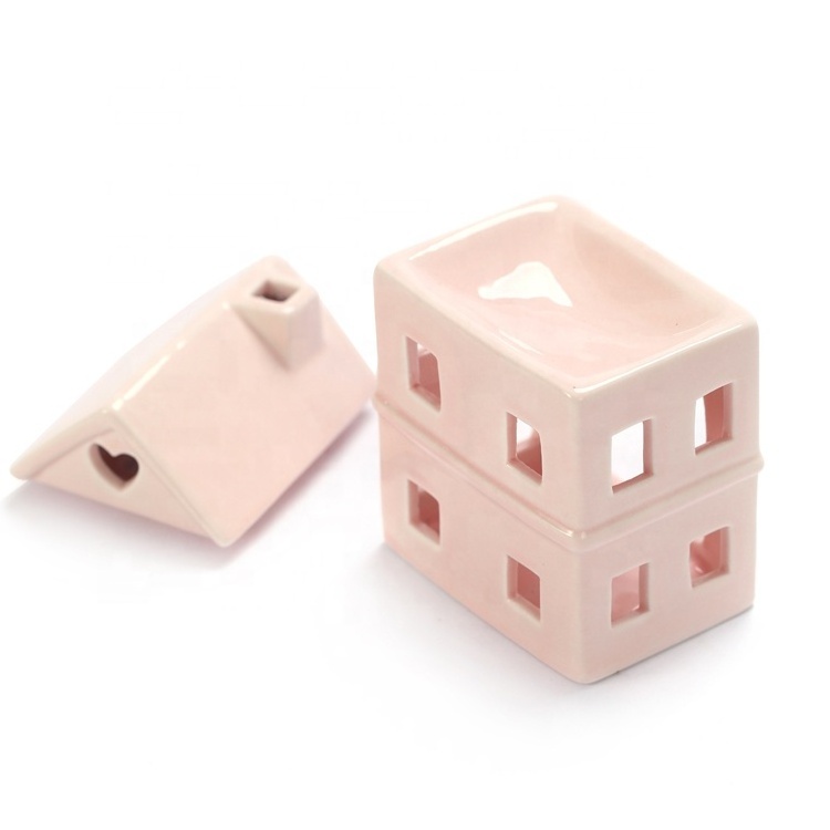 Customized Ceramic Pink House Shape Tealight Candle Holder Wax Melter Oil Burner for Essential Oil